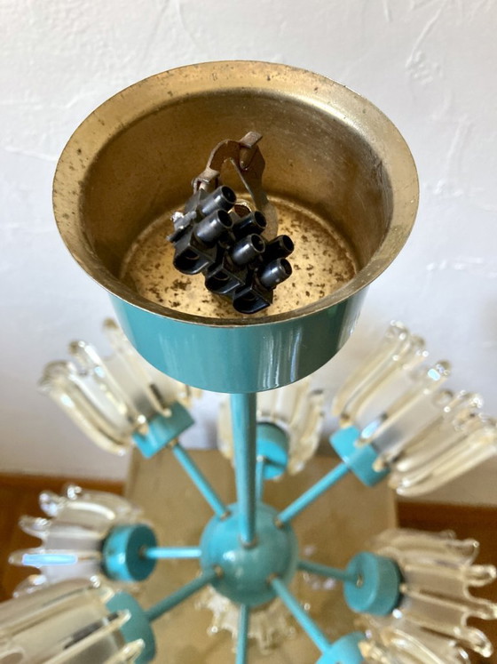 Image 1 of Large 9-light chandelier in molded glass and turquoise metal, Leclaire & Schäfer – 1960s
