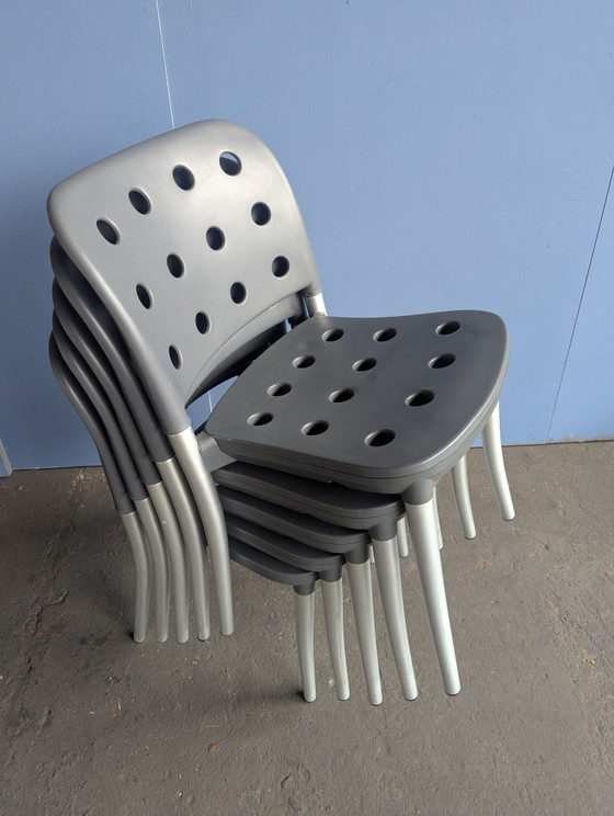 Set 5 Halifax Stapel-Esszimmerstühle, Alu/ 1990er – Aluminium, Plastic (photo 10 of 11)