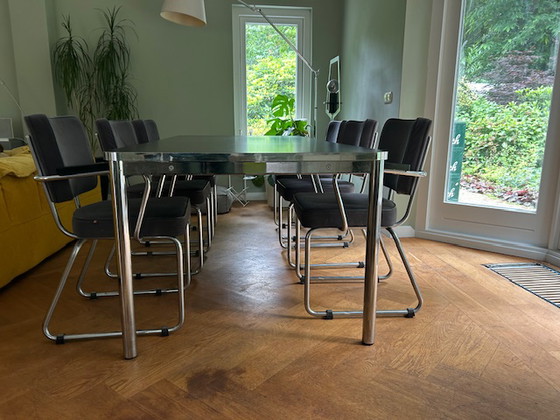 Image 1 of Table 220x100 with 6 Dutch originals Gispen 352 dining table chairs