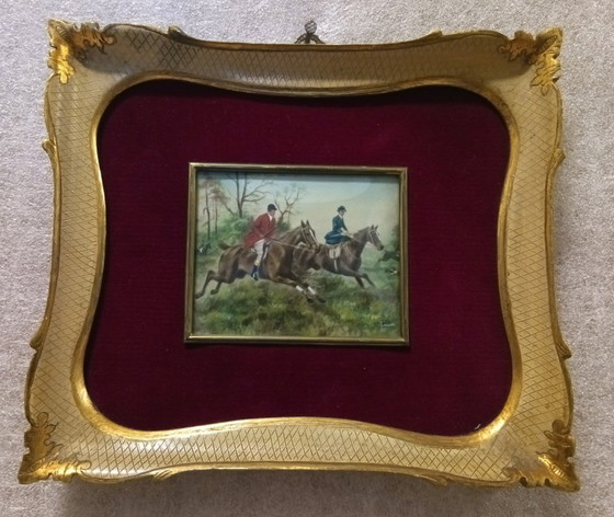 Image 1 of Signed 19th Century English Oil on Canvas Miniature Hunting Scene