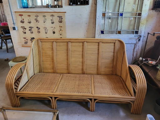 Vintage Rattan Bamboo Lounge Sofa and Two Armchairs