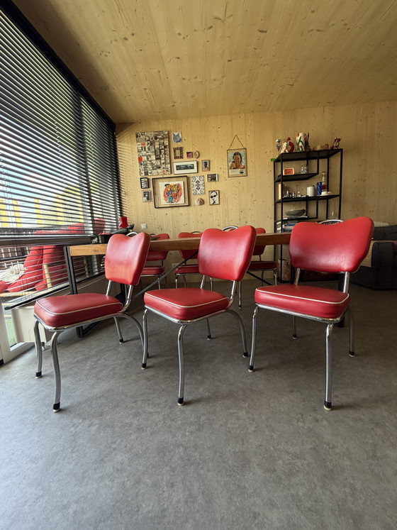 6 chaises de salle à manger rouges Bel Air CO-26 | Chaises de salle à manger rouges – fifties, Chrome (photo 3 of 10)