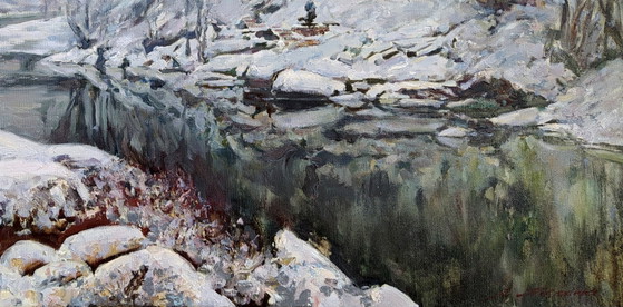 Origineel Olieverfschilderij Natuur Landschap Sneeuw Winter aan de Rivier – Schilderijen & Tekeningen, Canvas (photo 5 of 5)