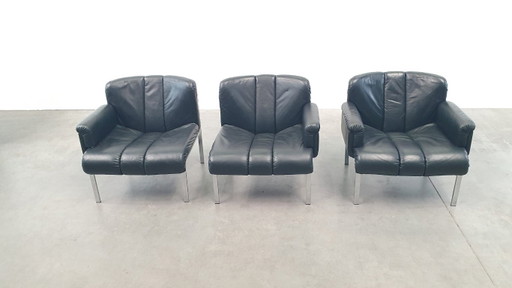 3x Girsberger-Leder-Eurochairs, Hans Eichenberger modulare Vintage-70er-Lounge