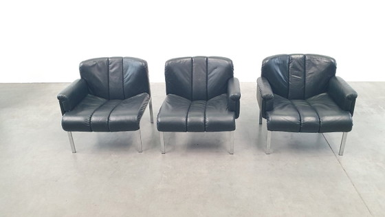 Image 1 of 3x Girsberger leather Eurochairs, Hans Eichenberger modular vintage 70s lounge