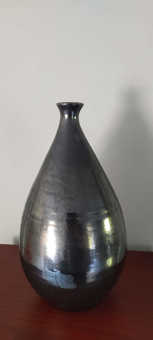 Vintage Mid-Century Ceramic Drop Vase (36cm) – Metallic Black