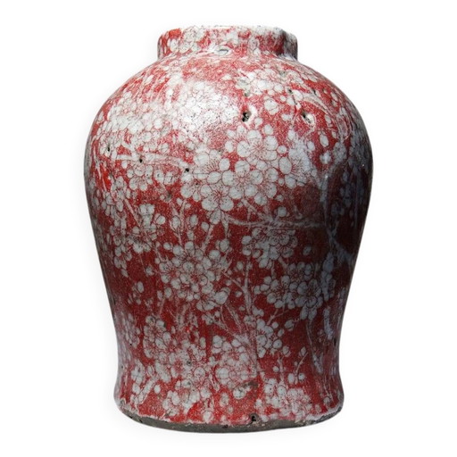 Vase en céramique raku émaillée décoré de sakura, vintage années 1980-1990.