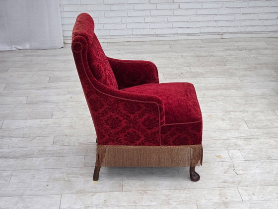 Anni '50, Poltrona vintage danese, velluto per mobili, legno di quercia., Poltrone, Rosso, Scandinavian (foto 12 di 15)