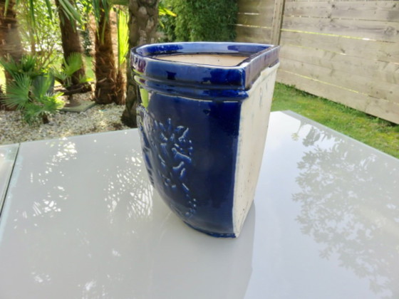 Image 1 of Wall-mounted flower pot, grape motif, in blue glazed ceramic, 1970s