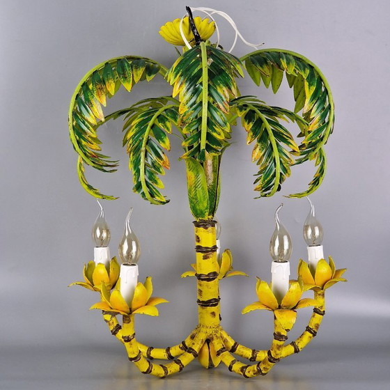 Image 1 of Vintage kroonluchter in palmboomstijl – faux bamboe, metaal, 5 armen – tropisch Hollywood Regency design