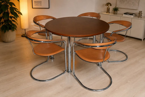 PARADOR Design Eetkamerset 1987 | Originele showroom | 5 leren en chromen stoelen & ronde tafel – Leather