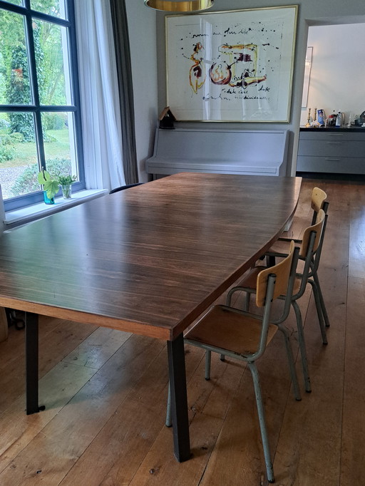 Large dining table, mid - Century,rosewood veneer, steel legs, tapered, 250x100/120cm