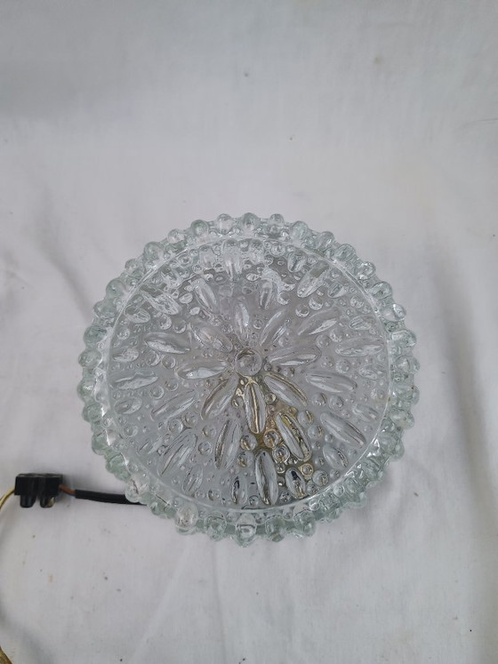 Image 1 of Vintage Glashütte Limburg 1960s Pressed Glass Ceiling Light - Textured Clear Glass Flush Mount Wall Sconce German Mid-Century