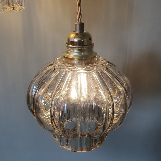 Image 1 of Set of two vintage floral pendant lamps in lantern shape. Mid Century