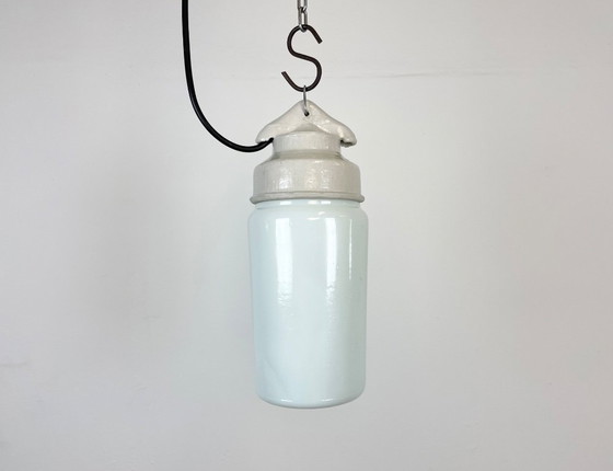 Image 1 of Industrial White Porcelain Pendant Light with Milk Glass, 1970s