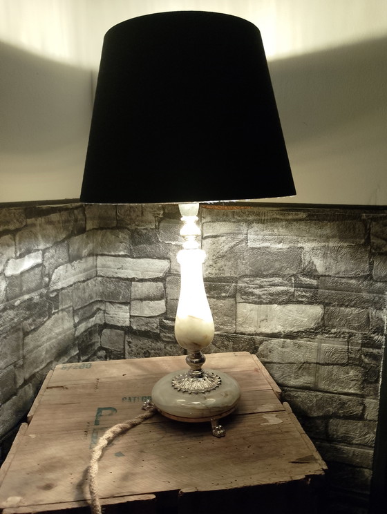 Image 1 of Lampe im neoklassizistischen Stil aus Bronze und echtem Onyx, vollständig elektrifiziert mit einem geflochtenen Leinenkabel