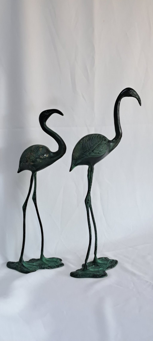 Zwei grün patinierte Messing-Flamingo-Skulpturen
