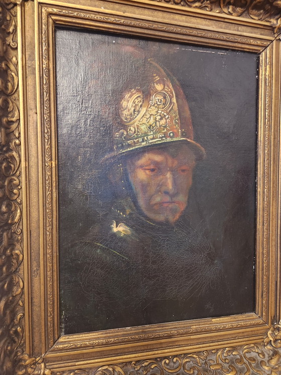Image 1 of Pintura al óleo antigua - "El hombre del casco de oro" - Según Rembrandt van Rijn - ca. 1900 - Incluye marco barroco monumental