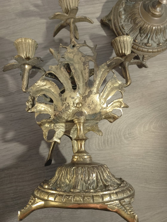 Image 1 of Rara coppia di candelabri in bronzo massiccio del XIX secolo con ninfe, segni di lima, marchio di fonderia, fusione in sabbia
