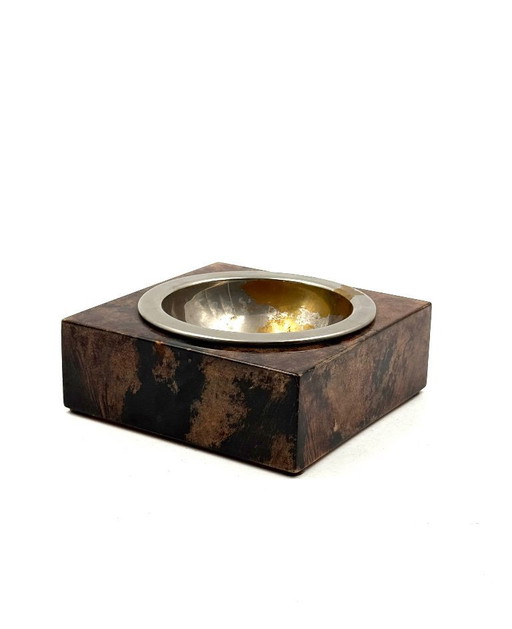 Mid-century modern brown goatskin parchment ashtray, Aldo Tura, Italy 1960s