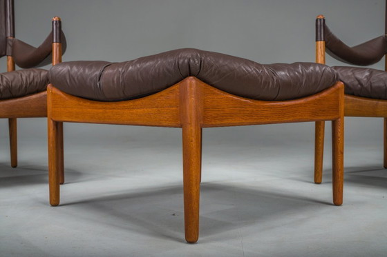 Image 1 of  Mid-Century Modern Danish Oak and Leather Lounge Chairs with Ottoman by Kristian Vedel for Søren Wiladsen, 1960s, Set of 3