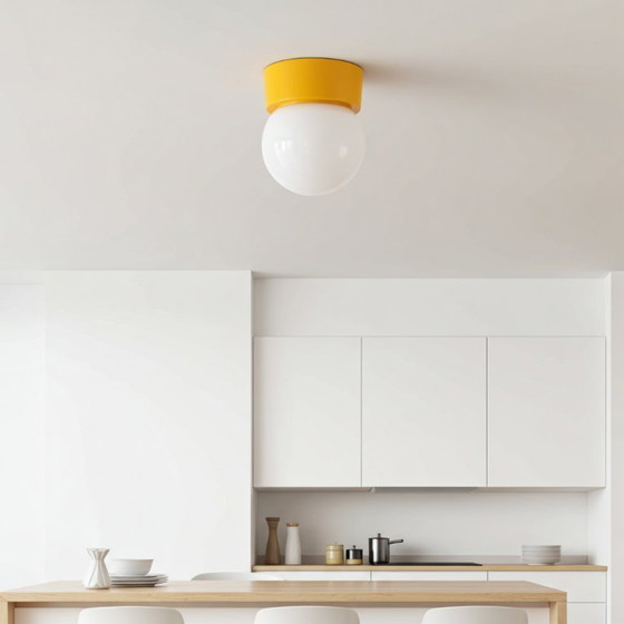 Image 1 of Plafondlamp - melkwegbol met gele ring, jaren 70