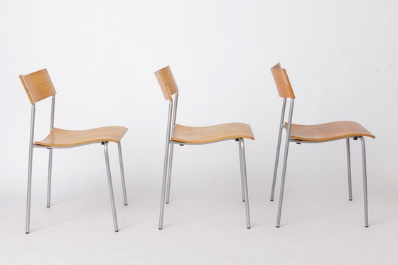 Image 1 of Set of 6 Lammhults Campus Stacking Chairs, Swedish Mid Century Chairs 1970s, Metal & Beech Plywood Dining Chairs