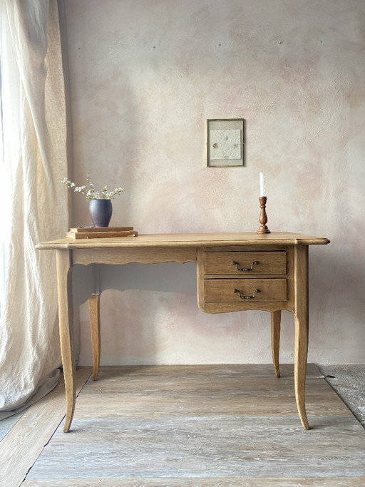 Escritorio vintage de roble restaurado con 2 cajones - Madera color miel y beige suave