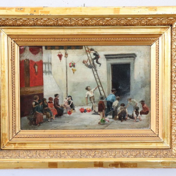 Image 1 of Oil Painting on Canvas, Children Playing, Italy 19th Century