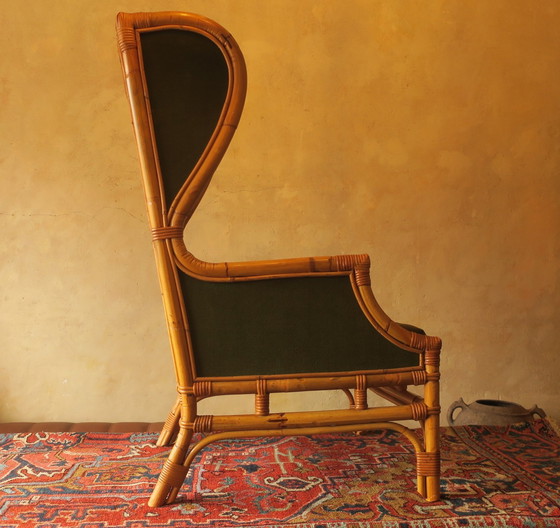 Image 1 of Sillón de orejas de mediados de siglo en bambú y verde oliva, década de 1960