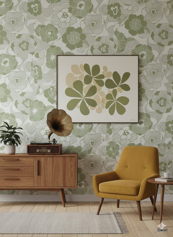 Image 1 of Papier peint floral vintage 14293 Vert olive et blanc rétro