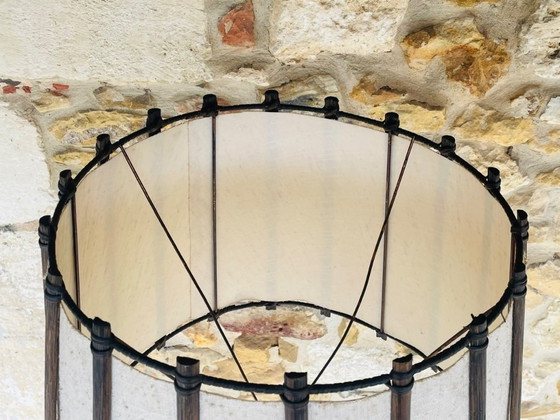Image 1 of Mid-Century, Turned Wood, Bamboo Rattan Floor Lamp Circa 1950s
