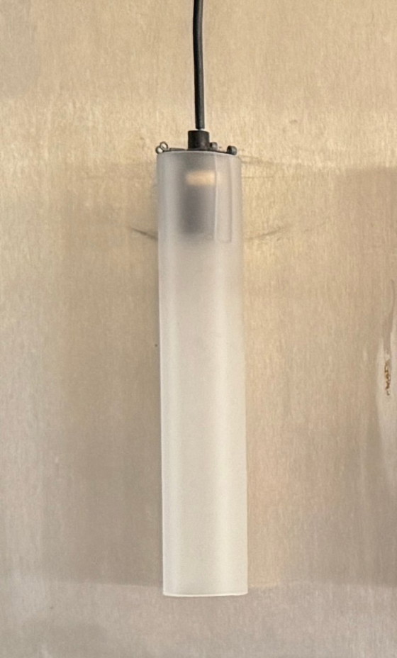 Image 1 of Modern wall lamp with 5 cylindrical glass shades on a metal/stainless steel back plate