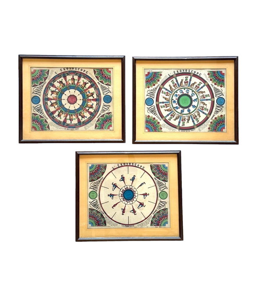 L'Ekonoscope, Set of 3 Framed Original Phenakistoscopes, France Epinal, XIX Cent.