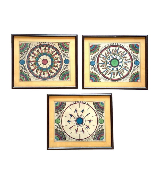 Image 1 of L'Ekonoscope, Set of 3 Framed Original Phenakistoscopes, France Epinal, XIX Cent.