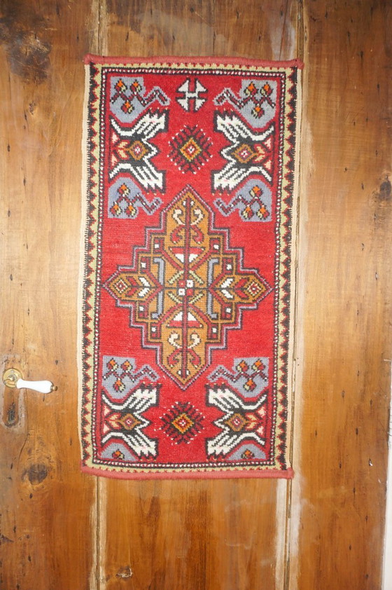 Image 1 of vintage turkish anatolian rug * tribal geometric wool rug * red small runner * village carpet * folk art textile