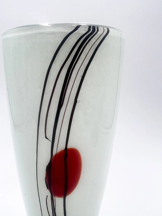 70s White Murano Glass Vase with Red and Black Decorations (photo 2 of 11)
