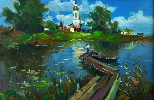 Original Ölgemälde Impressionistische Flusslandschaft Gemälde Brücke über den Fluss
