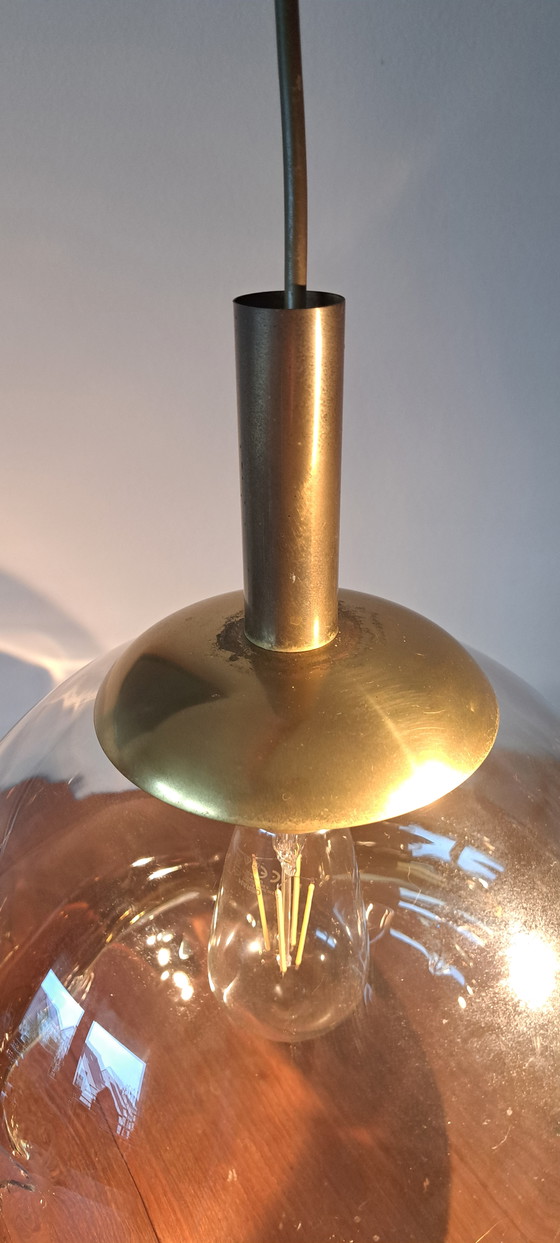Image 1 of 🟡DORIA Pendant Light 1970s – Hand-blown Glass Globe Ø30 cm – Amber / Smoked Gold – Vintage Mid-Century