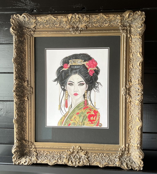 Pittura geisha matita/acrilico vecchia cornice barocca