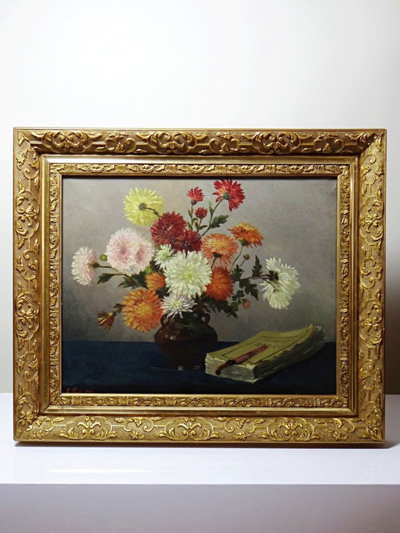 Image 1 of Oil painting on canvas, still life with chrysanthemums, signed L. Porte 1888