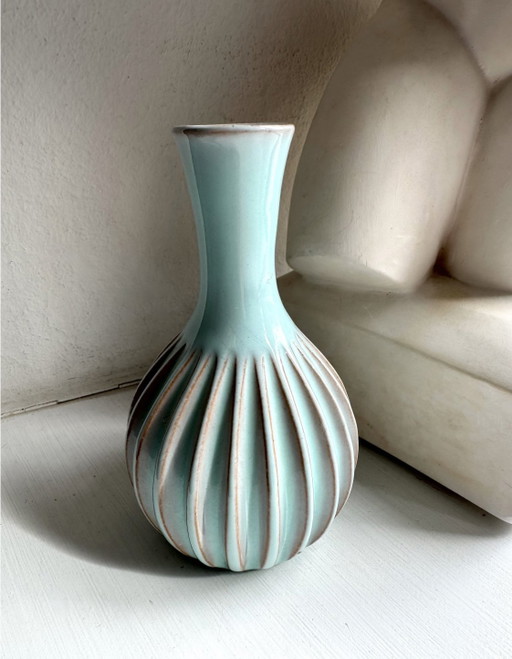 Vintage Swedish Ceramic Vase Relief, Handmade, 60S, Turquise Collectable