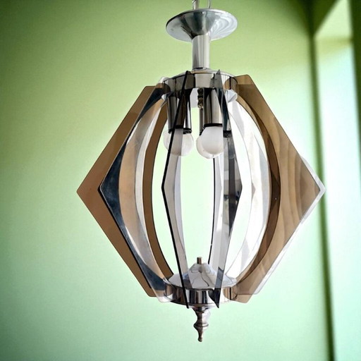 Mid Century Moderne gerookt plexiglas verchroomde hanglamp kroonluchter voor 3 lampen