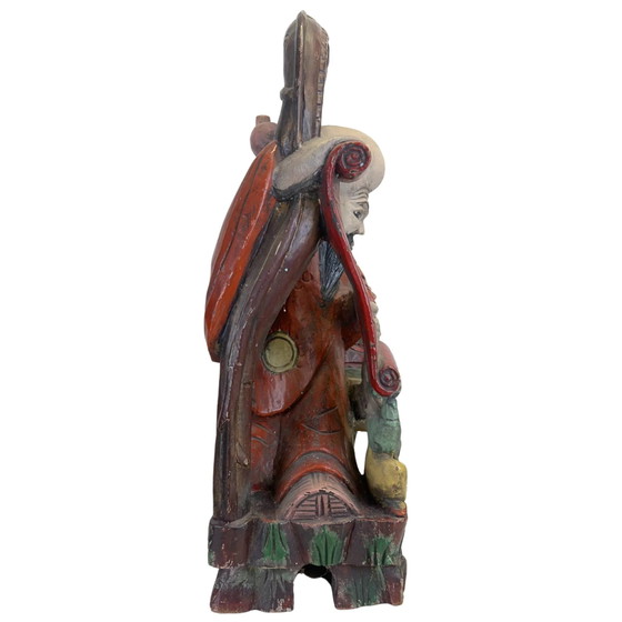 Monumentale Handgesneden Chinese Teakhouten Shoulao Beeldhouwkunst – God van de Levensduur (65.5 x 27.5 cm / (photo 3 of 11)