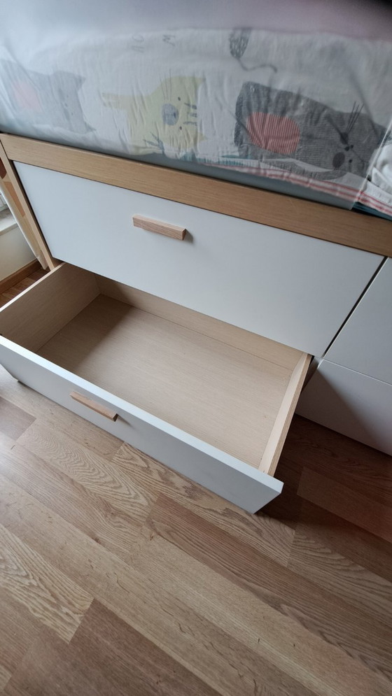 Single bed with storage drawers and matching elevated bedside table, white and light wood, Dearkids, Mdf (photo 4 of 9)