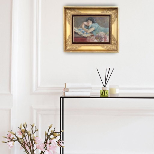 Girl Lying Down, Oil Painting on Board signed A Villa, Italy Late 19th Century