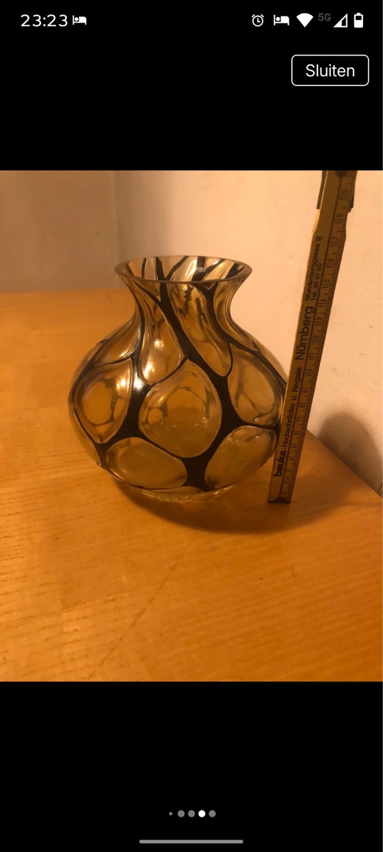 Beautiful Hand-Blown Studio Art Glass Vase, Amber & Black Web Pattern (photo 3 of 5)