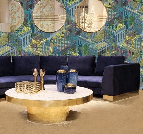 Image 1 of ANA ROQUE „Pierre“ Geschwungenes Sofa – Beigefarbener Samt & Goldfarbenes Metallgestell – 375 cm