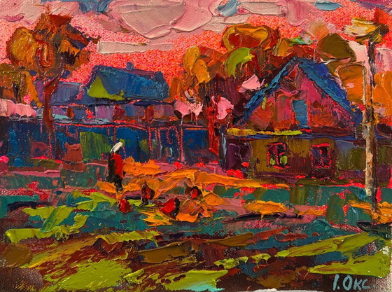 Original-Ölgemälde Ländliche Sonnenuntergangslandschaft Rosa Dorf Abend – Gemälde & Zeichnungen, Canvas (photo 3 of 8)