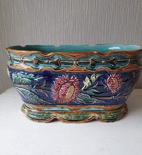 Belgian Majolica Jardinière, Faïencerie de Wasmuël (c.1900), Wasmuel, Plant pot, Ceramic, Multi Color (photo 2 of 13)
